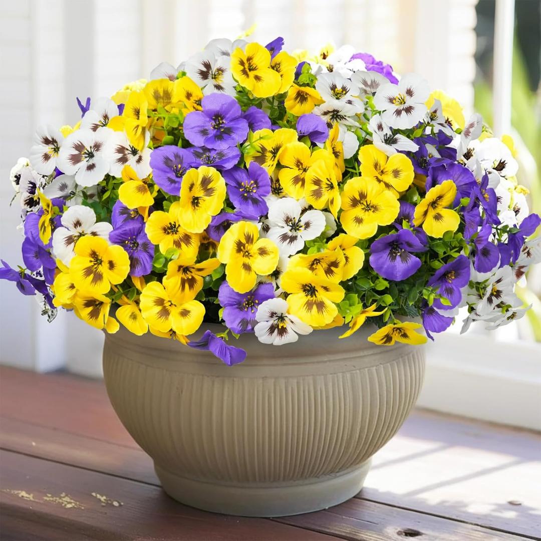 18 Bundles Artificial Flowers for Outdoor, UV Resistant Fake Pansy Flowers, Silk Faux Fowers for Outdoor Planters Home Garden Office Patio Front (Yellow/Purple/White)