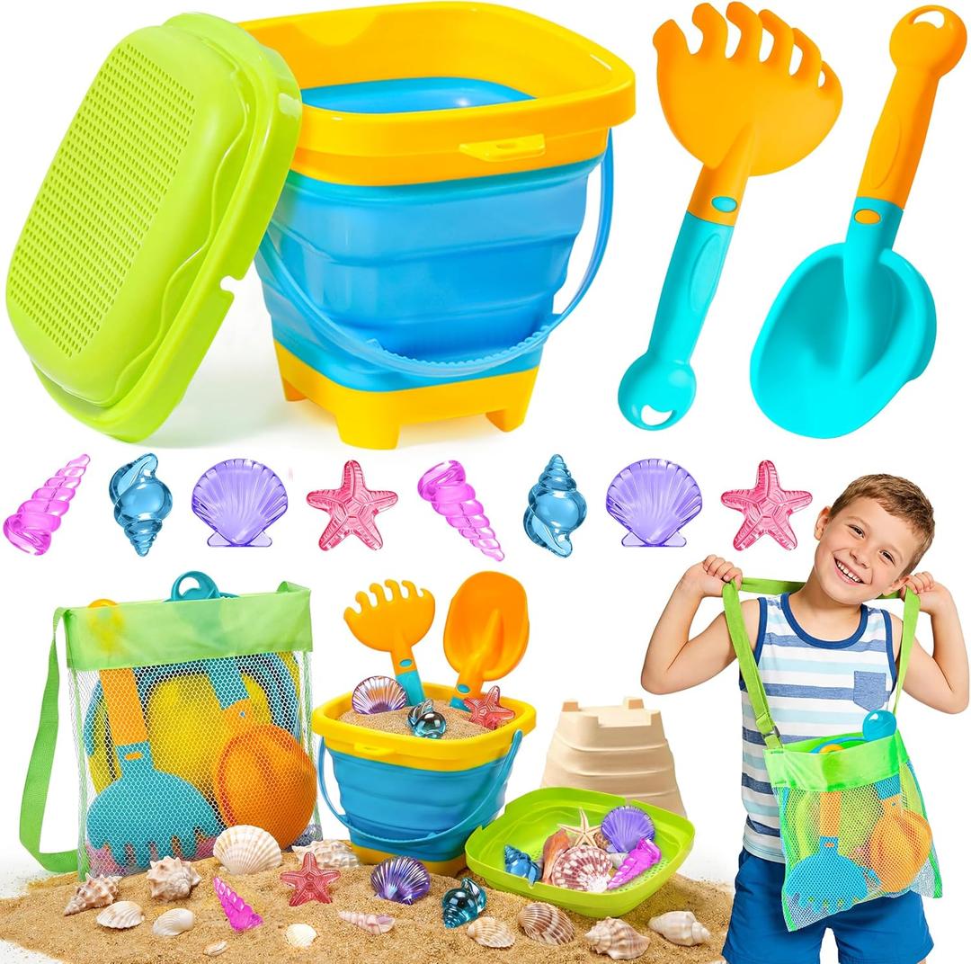 DUDUCOFU Collapsible Beach Sand Toys for Kids Toddlers, Collapsible Sand Buckets Sifter and Shovels Rake Diving Gem Pool Toy Set with Mesh Bag, Travel Beach Vacation Essentials Toys for Boys Girls