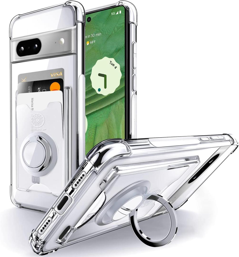 Shields Up for Pixel 7 Case, Minimalist Wallet Case with Card Holder (3 Cards) and Ring Kickstand/Stand, [Drop Protection] Slim Protective Cover for Google Pixel 7 - Clear