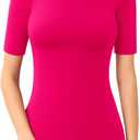 MANGOPOP Women's Mock Turtle Neck Slim Fit Long Half Elbow 3/4 Short Sleeve T Shirts Tight Tops Basic Tee (Large, 28 Hot Pink)