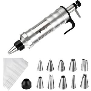 Dessert Decorating Syringe Set Icing Piping Kit Frosting Piping Kit Stainless Steels Cake Decorating Kit with 10 food grade stainless steel piping tips & 50 Disposable Piping Bags Black