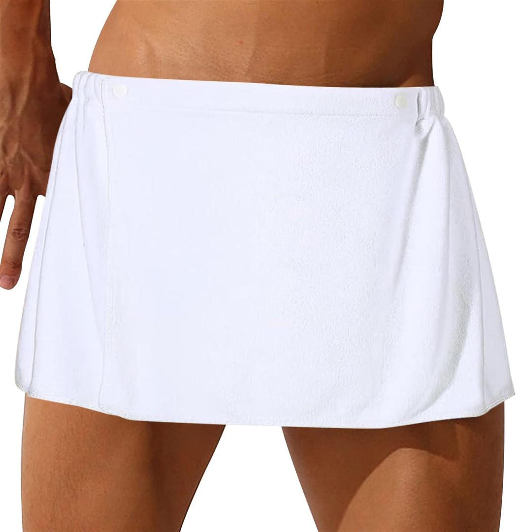 Men Boys Soft Wearable Bath Towel Short Pants Adjustable Mircofiber Towel Blanket Bathroom Pool Beach Spa Bathing Shower Cover Up Wrap Around Towel with Snap Closure (White,11.8)