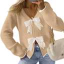 MEROKEETY Women's Tie Front Bow Cardigan Sweaters 2025 Long Sleeve Chunky Knit Cute Trendy Fall Winter Coats (Medium, Camel)