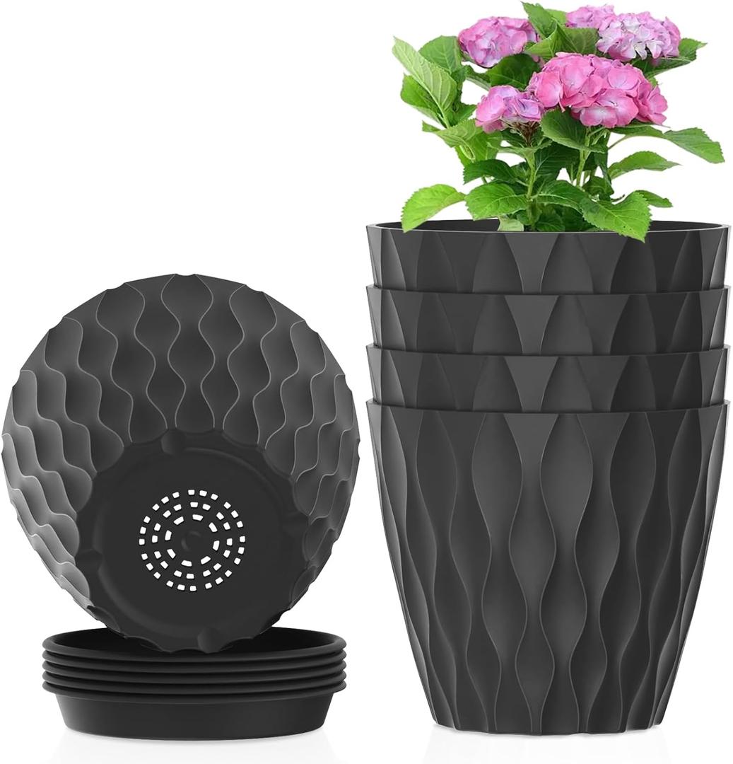 Meowell 4 inch Small Plastic Nursery Pots, Seedling Pots, 5 Set Water Ripples Plant Pots for Indoor Plants, Flower Pots with Drainage Holes and Saucers, Seed Starter Pots for Succulent Plants, Black