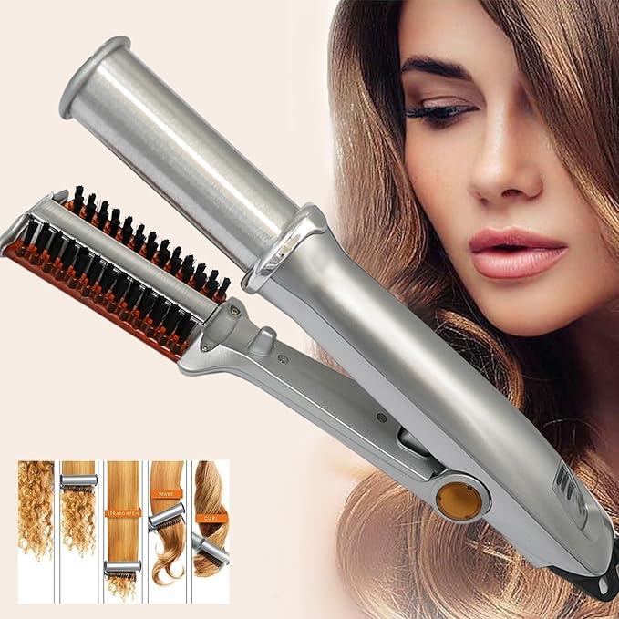 2 in 1 Rotating Curling Iron Fast Heat Hair Straightener and Curler Professional Curing Wand for All Hairstyles for Home Travel Hair Styling Tools Three-Speed Temperature Adjustment