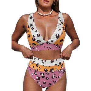 Hilinker Women's Leopard Bikini Swimsuits V Neck High Waisted 2 Piece Bathing Suits L