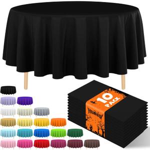 10 Pack Premium Disposable Plastic Tablecloth 84" Round Table Cover for Birthdays Weddings Christmas Anniversary Buffet Table (Black)