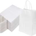 Joybe 100 Pack 8x4.75x10 Inch Medium White Kraft Paper Bags with Handles Bulk, Craft Paper Gift Bags for Party Favors Grocery Retail Shopping Business Goody Merchandise Take Out Blank Sacks (100pcs)