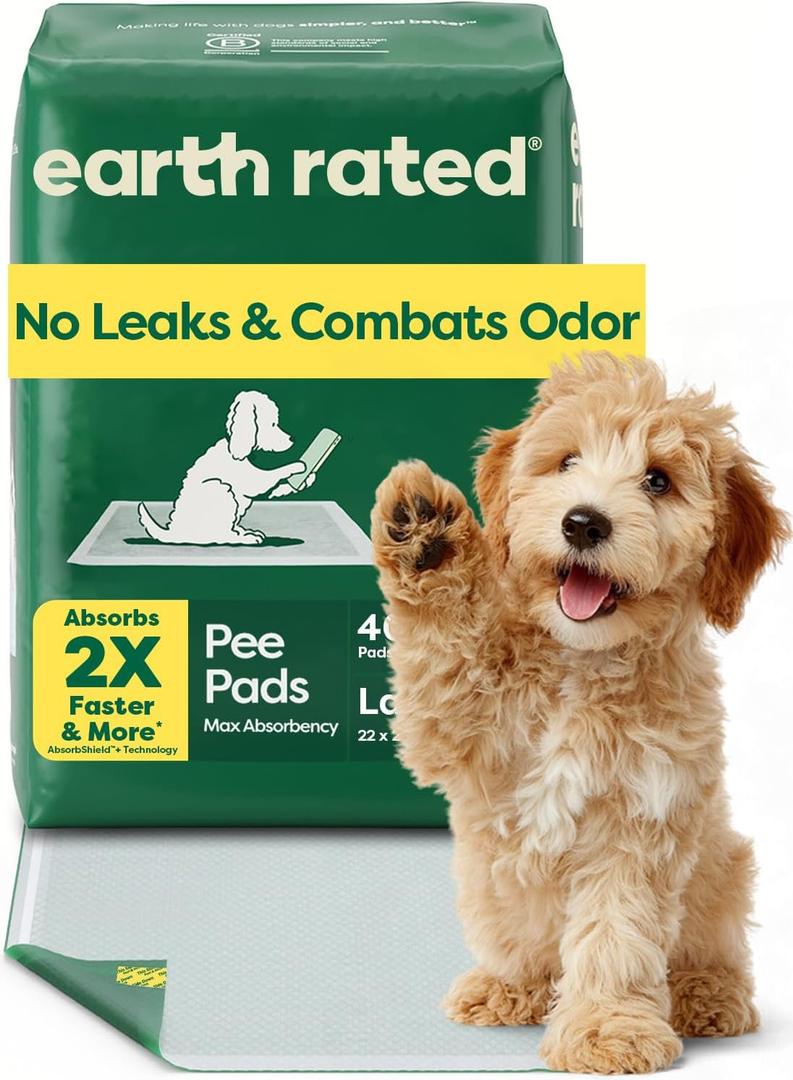 Earth Rated Max Absorbency Puppy Pee Pads for Dogs Absorbs 2X Faster & 2X More, Leak-Proof, Odor Control Potty Training, Unscented, Large, 22 x 23, 40 Count