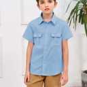 Makkrom Boys Button Down Short Sleeve Linen Shirts Casual Summer Beach Lapel Collar Top Shirts Blue (Blue)