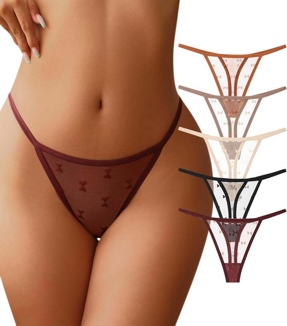 J-pone G-String Thongs for Women T-back Lace Hollow Out Low Waist Thongs Breathable Cheeky Sexy Underwear Panties 5 Pack L