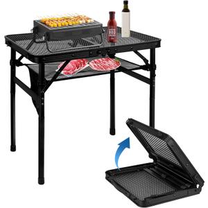 MSDADA Folding Grill Table, Height Adjustable Aluminum Table with Mesh Desktop and Mesh Bag, Portable Grill Table for Outdoor Camping, Picnic, Patio, Dining, BBQ, Party, Black, 23.6×15.7 inch