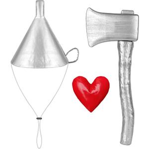 3 PCS Silver Funnel Hat Axe with Heart Brooch,Halloween Tin Costume Accessories for Adult,Kids Cosplay Party