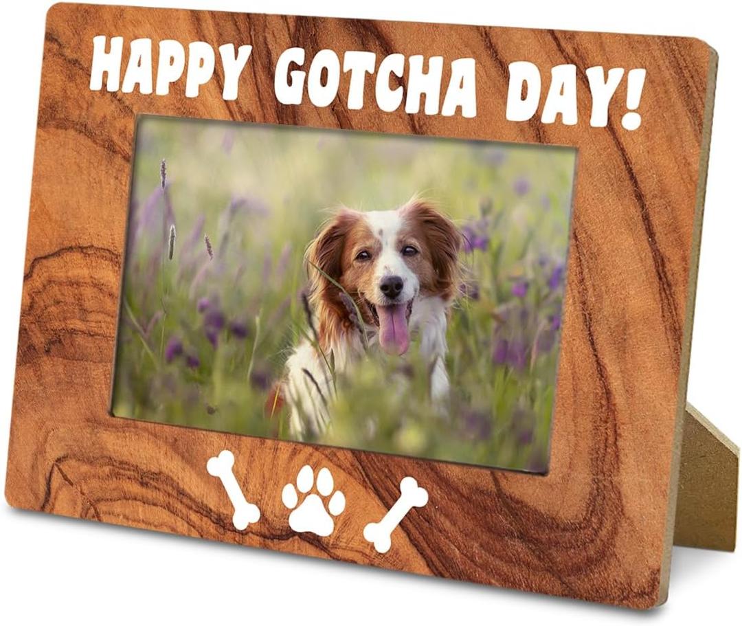 Pet Lovers Gifts, Dog Adoption Picture Frame, Happy Gotcha Day, Wood Photo Frame for New Dog Mom, Owner, Farmhouse, Home Office Desk Decor, Rustic Photo Frames 4 x 6 with Stand-Nature Wood Texture