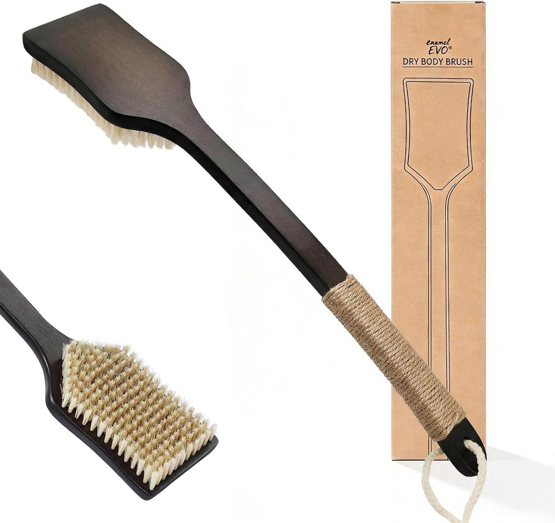 Back Scrubber Shower Brush,Dry Brushing Body Brush with 17.7 Inch Curved Long Handle, Natural Bristles for Lymphatic Drainage, Soft & Stiff Bristles (Natural Fiber, Stiff)