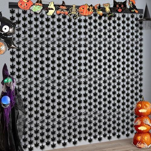 Halloween Party Decorations,2 Pack Black Maple Leaves Metallic Foil Fringe Curtains, 3.3 X 6.6 Ft Photo Booth Props Streamers Backdrop for Halloween Holiday Birthday Haunted House Decor Pack of 2