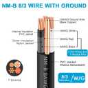NM-B 8/3 Wire with Ground,100FT 8/3 8 Gauge 3 Conductor Wire,8-3 Copper 8 AWG Non-Metallic Sheathed 8/3 NM-B W/G Cable,Stranded Residential Indoor Electrical Wiring for Branch Circuit Switches&Outlets