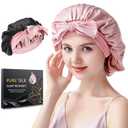 Silk Bonnet for Sleeping Women, 22 Momme 100% Mulberry Silk Sleep Cap, Double-Layer Reversible Silk Hair Wrap for Women & Night Hair Care, Fits All Hair Types  Pink