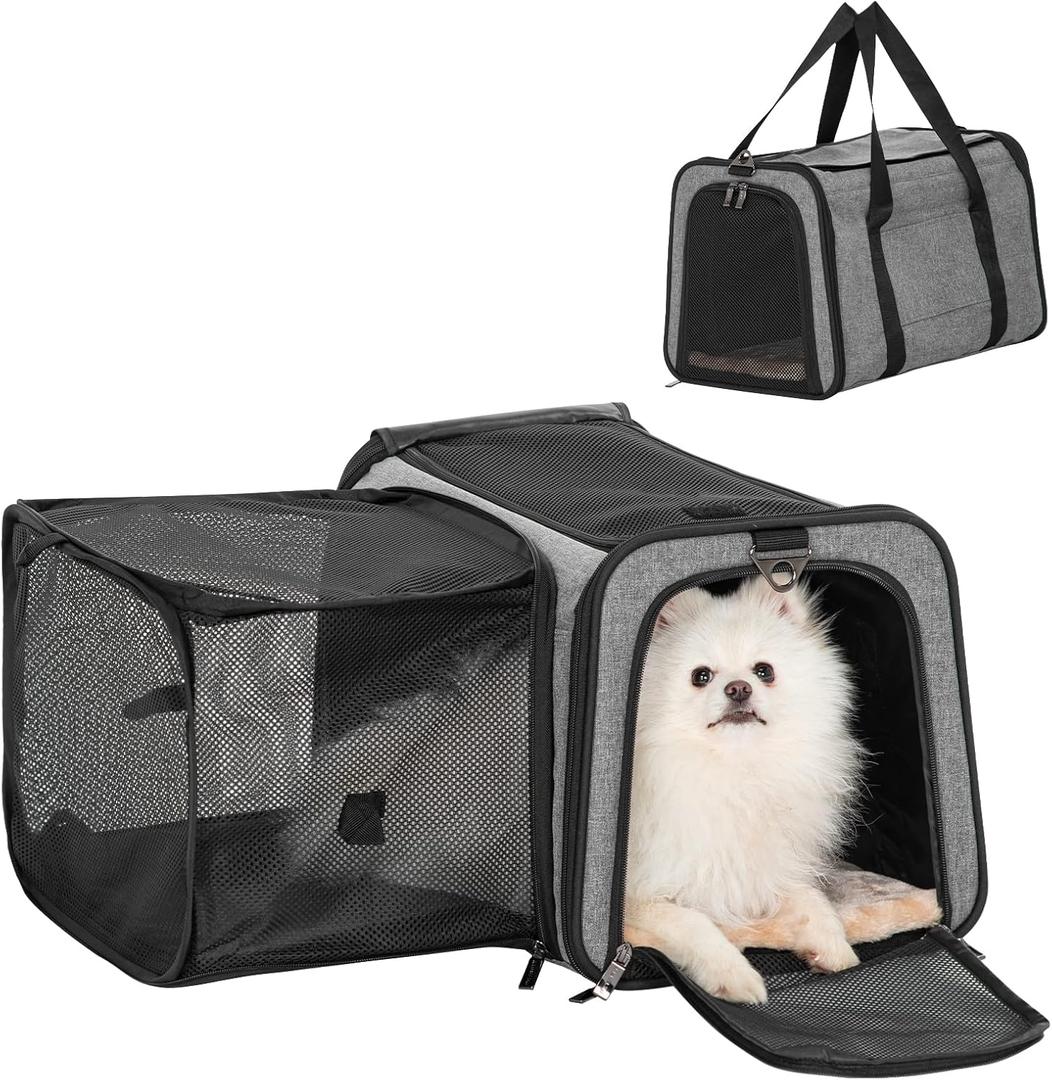 Petsfit 19"X12" X12" Expandable Pet Carrier, Square Expansion Reduces Pet Anxiety, Escape-Proof Self-Locking Zippers, 3 Easy-Access Entrances, for Cats & Small Dogs up to 18 lbs, Gray