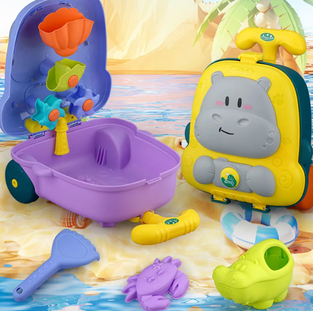 Wooden Sand Play Water Fun Beach Toys for Kids 3-6 Years Old Toy Trolley Hippo Suitcase Summer Set