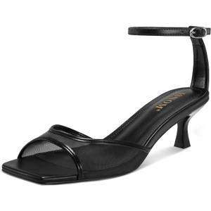 ISNOM Womens Mesh Kitten Heels Sandals Square Toe Ankle Buckle Strap Low Heels Comfort Summer Dress Shoes (Black)