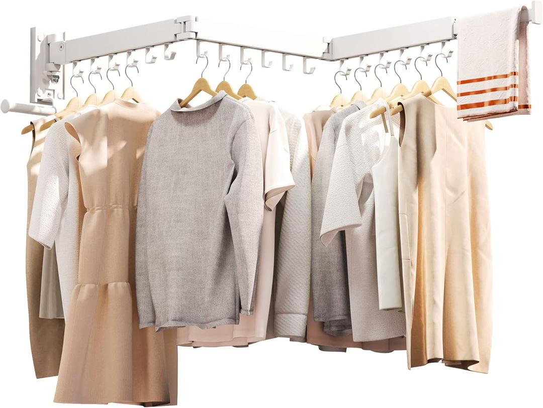 ZdwCyl Clothes Drying Rack, Laundry Drying Rack Wall Mount, Wall Mounted Clothes Rack, Retractable, Collapsible(Tri-Fold), Drying Rack Clothing, can Fold Upward & Left & Right, Space Saver, White Color