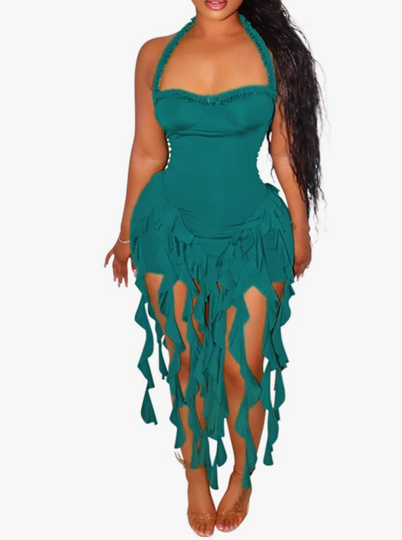 Ecirod Womens Summer Ruffle Fringe Mini Dress Sexy Halter Backless Cocktail Party Short Bodycon Tassel Dresses Green 2, M