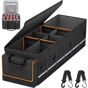 Car Trunk Organizer and Storage with Lid & Removable Leakproof Cooler Bag, Car Accessories 6 Removable Dividers for Custom Space, Collapsible Large Trunk Organizers Interior for SUV Sendan with Cover (Black)