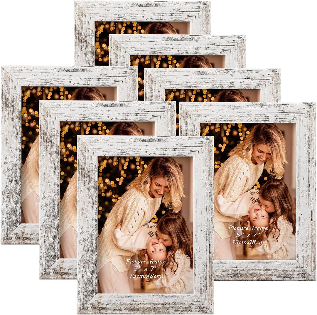 PETAFLOP 5x7 Picture Frame Set of 7, Distressd Rustic Frames Display 5 by 7 Inch Photo for Wall or Tabletop (Distressed White)