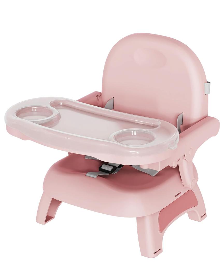 Booster Seat for Kitchen Chair, 3-in-1 Foldable Baby Booster Seat with Removable Dual Tray & 3-Point Harness, Portable Toddler Booster Chair for Dinning Table, Travel, Outdoor Camping, Pink