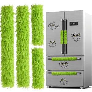 4 Pieces Christmas Refrigerator Handle Covers - Refrigerator Door Handle Cover with Faux Fur Plush Trim, Christmas Appliance Handle Covers for Kitchen Microwave Dishwasher