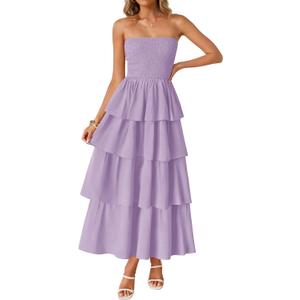 ZESICA Womens Summer Boho Strapless Maxi Dress 2026 Casual Sleeveless Off Shoulder Smocked Tiered Beach Long Sundress (Purple, S)