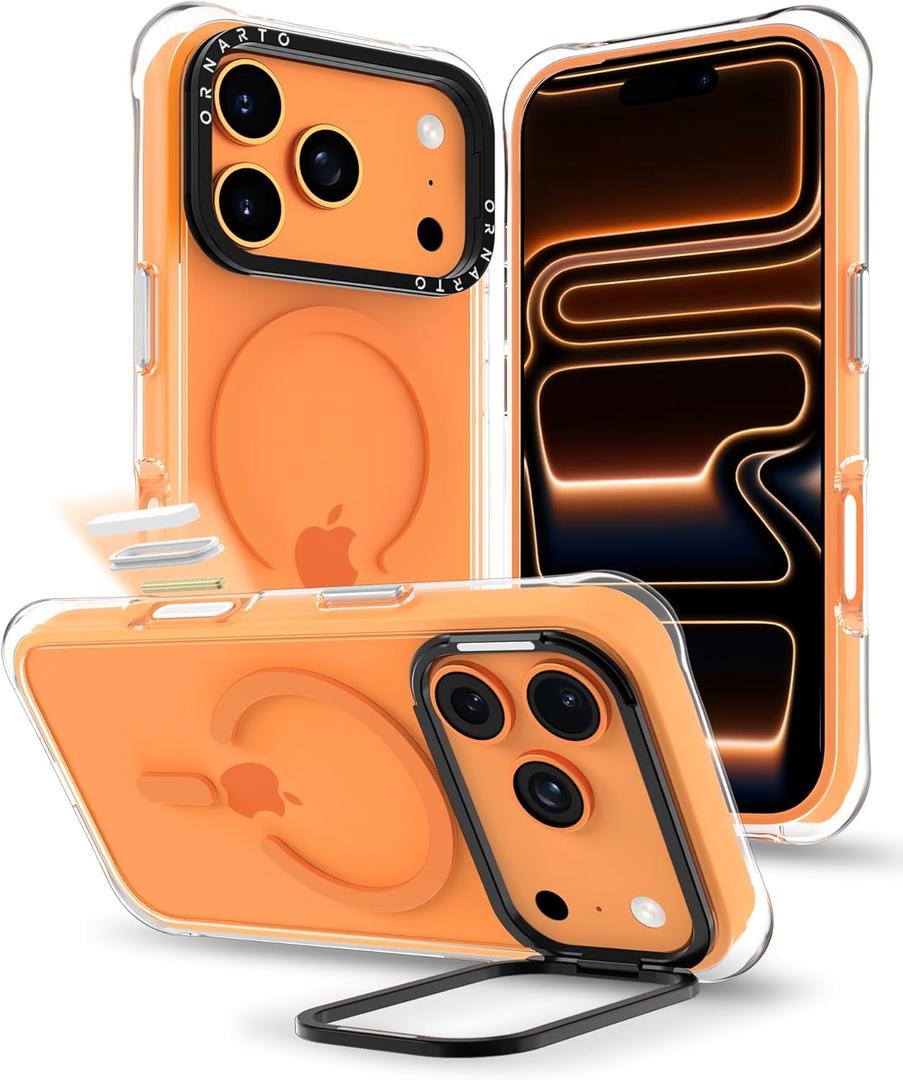 ORNARTO Clear Case for iPhone 17 Pro Max with Camera Stand | Military-Grade Drop Protection | Camera Control Button | Compatible with MagSafe | Built-in Air Phone Cover for iPhone 17 Pro Max - Orange