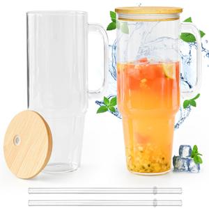 Glass Cups with Lids and Straws 40 oz Glass Tumbler with Straw and Lid 2 Pack Glass Tumbler with Handle Wide Mouth Iced Coffee Cups for Smoothies, Soda, Tea, with Bamboo Lids