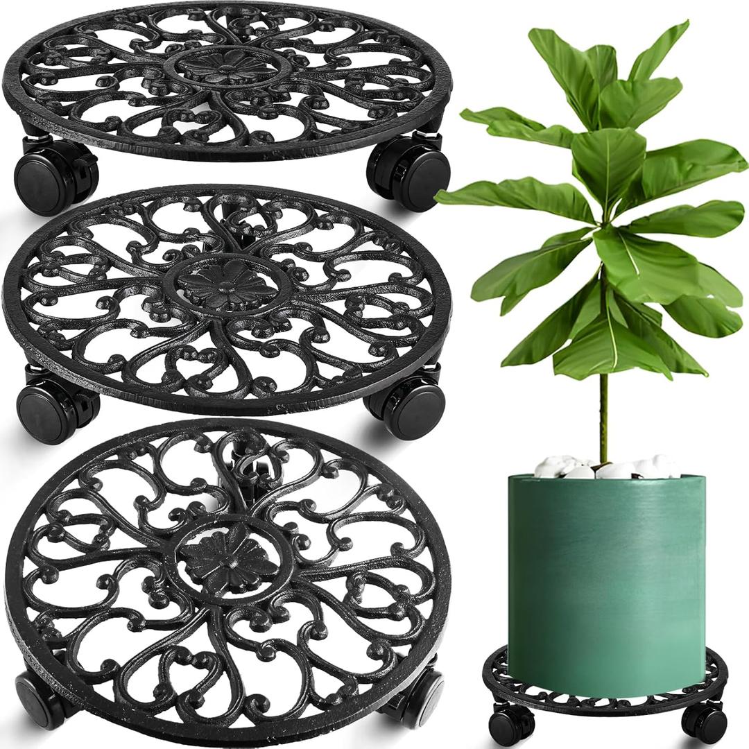 3 Packs 11 Inch Rolling Plant Stand with Wheels Wrought Iron Rolling Plant Stand with Casters Heavy Duty for Indoor Plants Rollers with Wheels Metal Round Plant Dolly