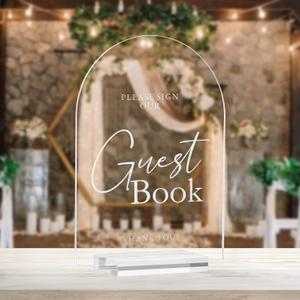Acrylic Arch Guest Book Sign, 5x7 Inch Clear Wedding Cards 1/8" Thick and Stand, Modern Calligraphy White Lettering Arched Acrylic Cards for Wedding (Please Sign Our Guest Book, 5x7 Inch)