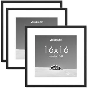 Venusmiles 16x16 inch Picture Frame, 16x16 Photo Frames with 12x12 Removable Mat - High Definition Plexiglass - Vertical and Horizontal Display - Wall Hanging Frame - Black, 3 Pack  (All Three Are New)