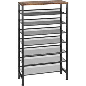 Large Shoe Rack 8 Tier Shoe Organizer, Heavy Duty Metal Shoe Storage Vertical Shoe Rack for Closet Front Door Entrance, Up to 28 Pairs, Top Wooden Storage Shelf, Black