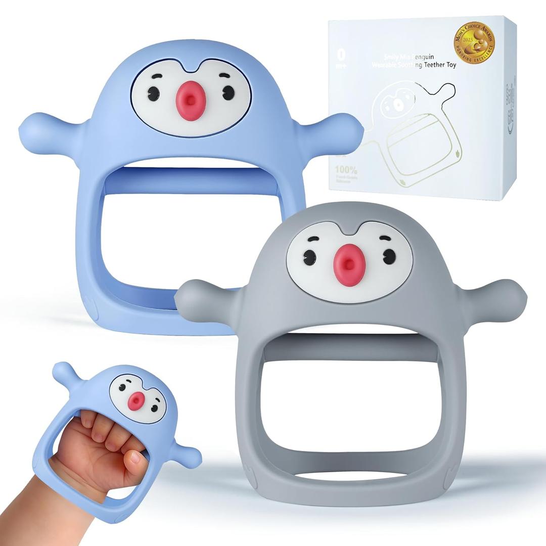Smily Mia Baby Teething Toys for 0-6Months, Penguin Teethers for Babies 3-6Months | Hand Teether for 0-6M |Teething Mittens for Teething Relief, Baby Pacifier |New Born Essentials, 2Pack (05-light blue and grey)
