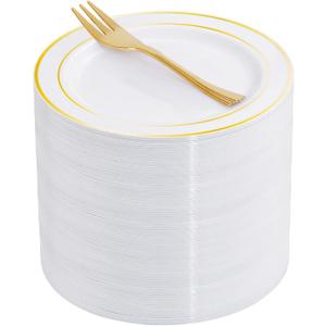 WELLIFE 60 PCS Gold Plastic Dessert Plates and 60 PCS Forks, 6.3 inch Disposable Salad Plates, Premium White Appetizer Plates with Gold Rims, Perfect for Party and Wedding