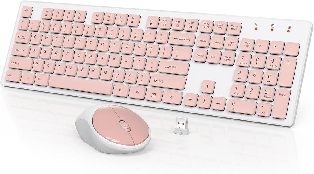 Wireless Keyboard and Mouse, WisFox Full-Size Wireless Mouse and Keyboard Combo, 2.4GHz Silent USB Wireless Keyboard Mouse Combo for PC Desktops Computer (Pink and White)