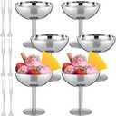 Reallnaive 6 Sets Stainless Steel Ice Cream Cups Bulk Silver Dessert Bowls with Forks 6.7 oz Small Metal Footed Cup for Serving Pudding Salad Fruit Sundae Summer Birthday Party Supply