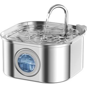 Cat Water Fountain, 3.2L/108oz Stainless Steel Pet Water Fountain, cat Fountain with Super Quiet &Transparent Window Design- Water Fountains for Cats Indoor