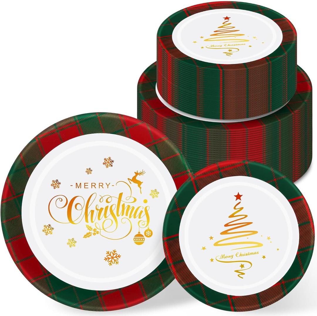Vesici 50 Pcs Christmas Plastic Disposable Plates Buffalo Plaid Plates Set for Guests 25 x 7.5" Dessert 25 x 10.25" Snowflakes Xmas Tree Dinner Serving Tableware Dessert for Party Supplies