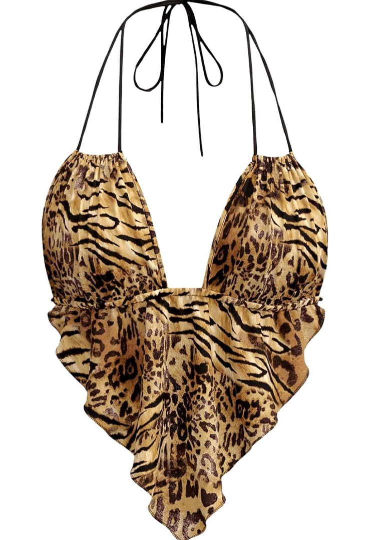 Verdusa Women's Sexy Leopard Print Deep V Halter Crop Tops Ruffle Going Out Top Party Clubwear XS