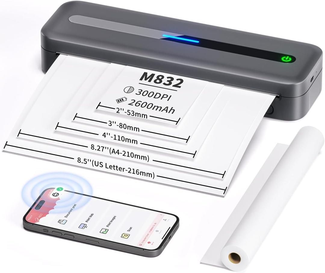 COLORWING Portable Printers Wireless for Travel, 300DPI Mini Compact Inkless Printer - Gray