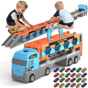 2-in-1 Foldable Race Track Truck Car Playset for 2-8 Years Old Boys Girls, Kids Truck Toys with Foldable 3 Layer Play Track & 24 Race Cars, Easter Birthday Gifts for Toddlers, 2 x 4 x 2.5 inches