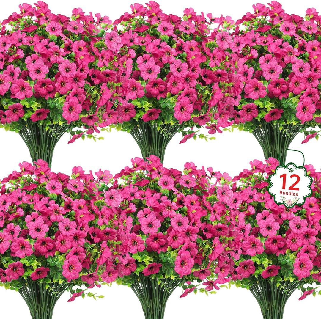 Ouddy Decor 12 Bundles Artificial Flowers for Outdoors Fake Silk Flowers UV Resistant Faux Plastic Plants for Spring Summer Garden Porch Window Box Table Vase Home Indoor Outdoor Decoration, Rose Red