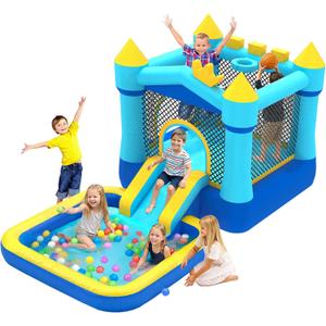 MUKDIY Inflatable Bounce House with Pool & Slide, 12x6.2ft Water Park Jumping Castle for Kids,Heavy-Duty 840D Oxford Fabric, Ages 3-8, Includes 350W Blower, 8 Stakes, (Up to 3 Kids), Light Pink