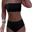 RoseSeek Women's 2 Piece Bikini Sets Ribbed Knit Bandeau Top and High Waisted Panties Summer Swimwear (Black, M)